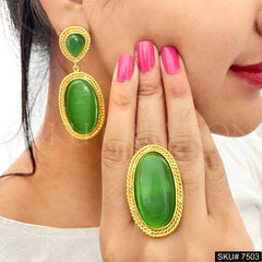Gold plated Unique Design Monalisa Stone of Drop and Dangle Earring Bracelet and Ring SKU7503