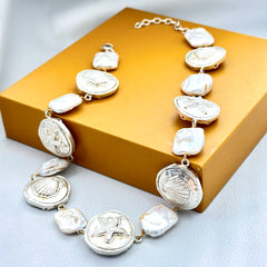 "Ocean Relic – Shell & Starfish Charm Necklace with Baroque Pearls" SOKU#7818