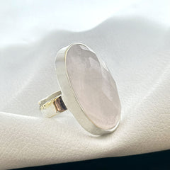 Silver Plated Oval Rose Quartz Statement Ring SOKU#7864