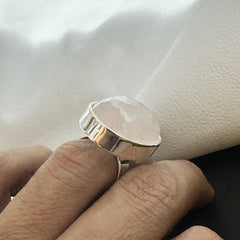 Silver Plated Oval Rose Quartz Statement Ring SOKU#7864