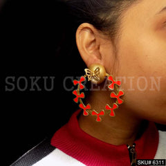 Gold plated Red Enamel Butterfly Big Stud Earrings SKU6311