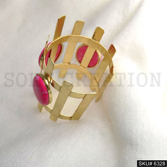 Gold Plated Designer Pink Gemstone Handmade Design of Cuff SKU6328
