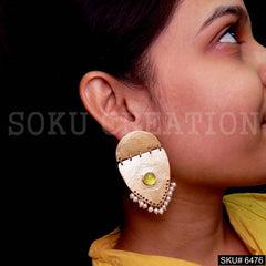 Gold plated Green Gemstone Small Pearls of Broad Drop and Dangle Earrings SKU6476