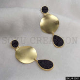 Gold plated Statement Black Carved Stone Drop and Dangle Earrings SKU6501
