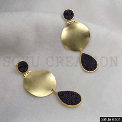 Gold plated Statement Black Carved Stone Drop and Dangle Earrings SKU6501