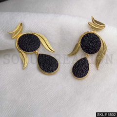 Gold plated Leaves Black Carved Stone Drop and Dangle Earrings SKU6502