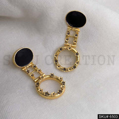 Gold plated Flower Black Stone Statement Drop and Dangle Earrings SKU6503
