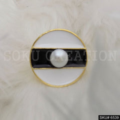 Gold Plated Unique Designer White and Black Enamel With Pearl Adjustable Handmade Ring SKU6539