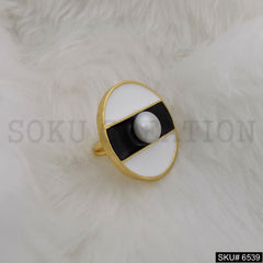 Gold Plated Unique Designer White and Black Enamel With Pearl Adjustable Handmade Ring SKU6539