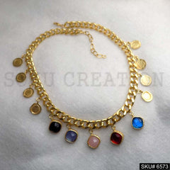 Gold Plated Cable Chain With Multi Coins and Multi Color of Charms in Necklace SKU6573