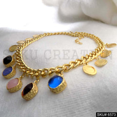 Gold Plated Cable Chain With Multi Coins and Multi Color of Charms in Necklace SKU6573