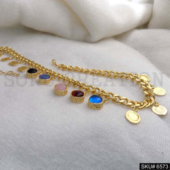 Gold Plated Cable Chain With Multi Coins and Multi Color of Charms in Necklace SKU6573