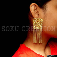 Gold plated Hammered Square With Multi Chain Drop and Dangle Earrings SKU6657