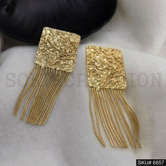 Gold plated Hammered Square With Multi Chain Drop and Dangle Earrings SKU6657