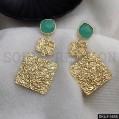 Gold plated Hammered Square With Green Gemstone Drop and Dangle Earrings SKU6658