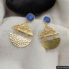 Gold plated Hammered Triangle and Curved With Blue Gemstone Drop and Dangle Earrings SKU6659