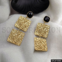 Gold plated Hammered Square With Black Gemstone Drop and Dangle Earrings SKU6660