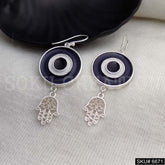 Silver plated Designer Protective Hand Dangle Charm with Evil Eye Ear Wire Earrings SKU6671