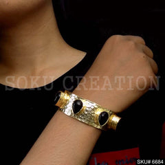 Gold Plated Hammered With Black Gemstone Handmade Design of Cuff SKU6684