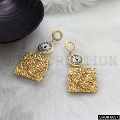 Gold plated Hammered Square Designer Protective Evil Lotus Drop and Dangle Earrings SKU6697