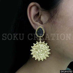 Gold Plated Carved Black Stone Twisted Wire Hammered Round Shape Drop and Dangle Earrings SKU6782