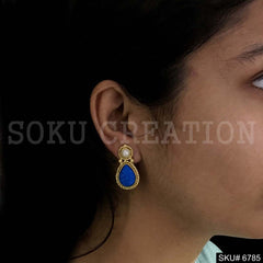 Gold Plated Carved Blue stone Twisted Wired Pearl Drop and Dangle Earrings SKU6785