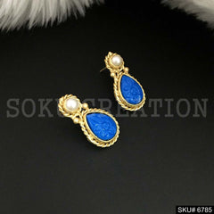 Gold Plated Carved Blue stone Twisted Wired Pearl Drop and Dangle Earrings SKU6785