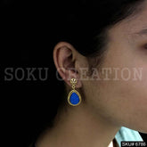 Gold Plated Carved Blue stone Twisted Wire Drop and Dangle Earrings SKU6786