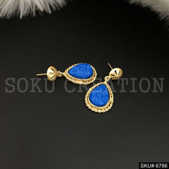 Gold Plated Carved Blue stone Twisted Wire Drop and Dangle Earrings SKU6786