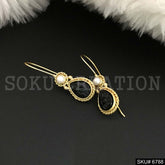 Gold Plated Carved Black stone Twisted Wire Pearl Ear Wire Earrings SKU6788