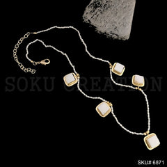 Gold Plated Plain Pearl Beads with White Stone Square Shape Charms Necklace SKU6871