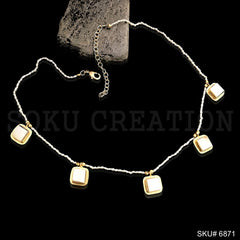 Gold Plated Plain Pearl Beads with White Stone Square Shape Charms Necklace SKU6871