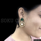 Gold plated Drop and Dangle Green Gemstone Wheel shape Design Earring SKU6912