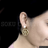 Gold plated Drop and Dangle Pearl stone Wheel Shape Design Earring SKU6915