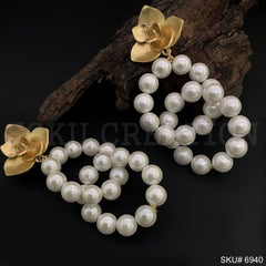 Gold plated Drop and Dangle Flower Pearl Circle Shape Beautiful Design Earring SKU6940