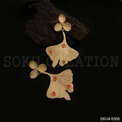 Gold plated Statement Red Stone Flower Style Drop and Dangle Earrings SKU6956