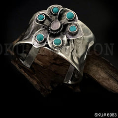 Mattel Plated Hammered Cuff with Turquoise Stone Flower Style Design of Cuff SKU6983