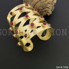 Gold Plated Designer Unique Big Cuff with Zigzag Red Stone SKU7099