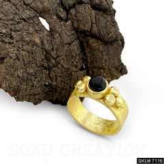Gold Plated Unique Statement Black Stone Adjustable Handmade Ring SKU7116