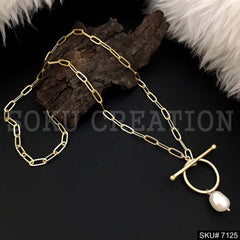Gold Plated Link Chain with Statement Pearl Charm SKU7125