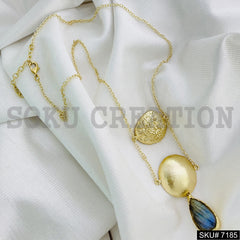 Gold Plated Cable Chain with Statement Hammered and Labra Stone Design of Light Wight NecklaceSKU7185