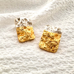 Textured Dual-Tone Rectangular Stud Earrings in Gold and Silver Finish