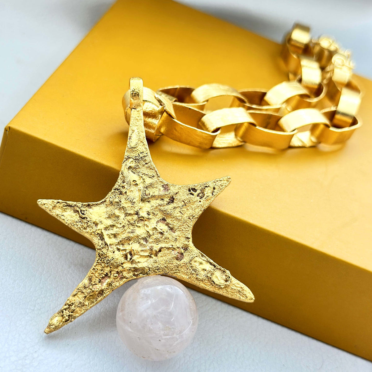 18K Gold Plated Texture Star Pendant Link Chain Necklace