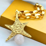 18K Gold Plated Texture Star Pendant Link Chain Necklace
