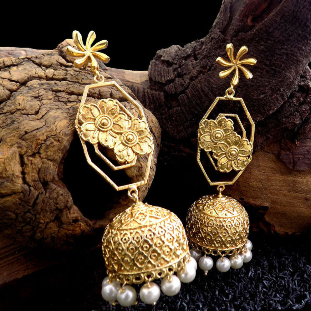 Traditional Gold Jhumka Earrings with Floral Design and Pearl Drops Gift for her SKU#5645