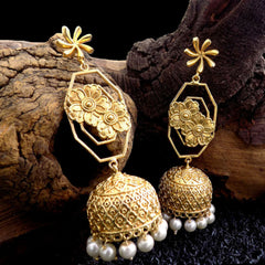 Traditional Gold Jhumka Earrings with Floral Design and Pearl Drops Gift for her SKU#5645