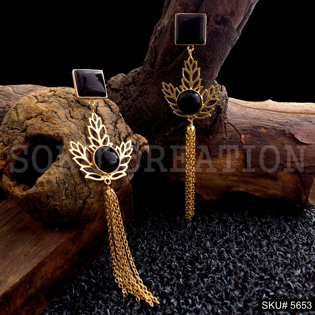Gold plated Black Stone Long Drop & Dangle Earring SKU5653