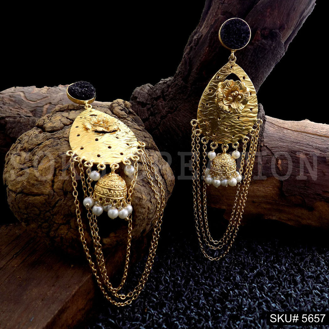 Gold plated Blue Stone Long Drop & Dangle Jhumki Earring SKU5657