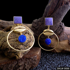 Gold plated Handmade Blue Stone Shell Statement Drop & Dangle Earring SKU5698