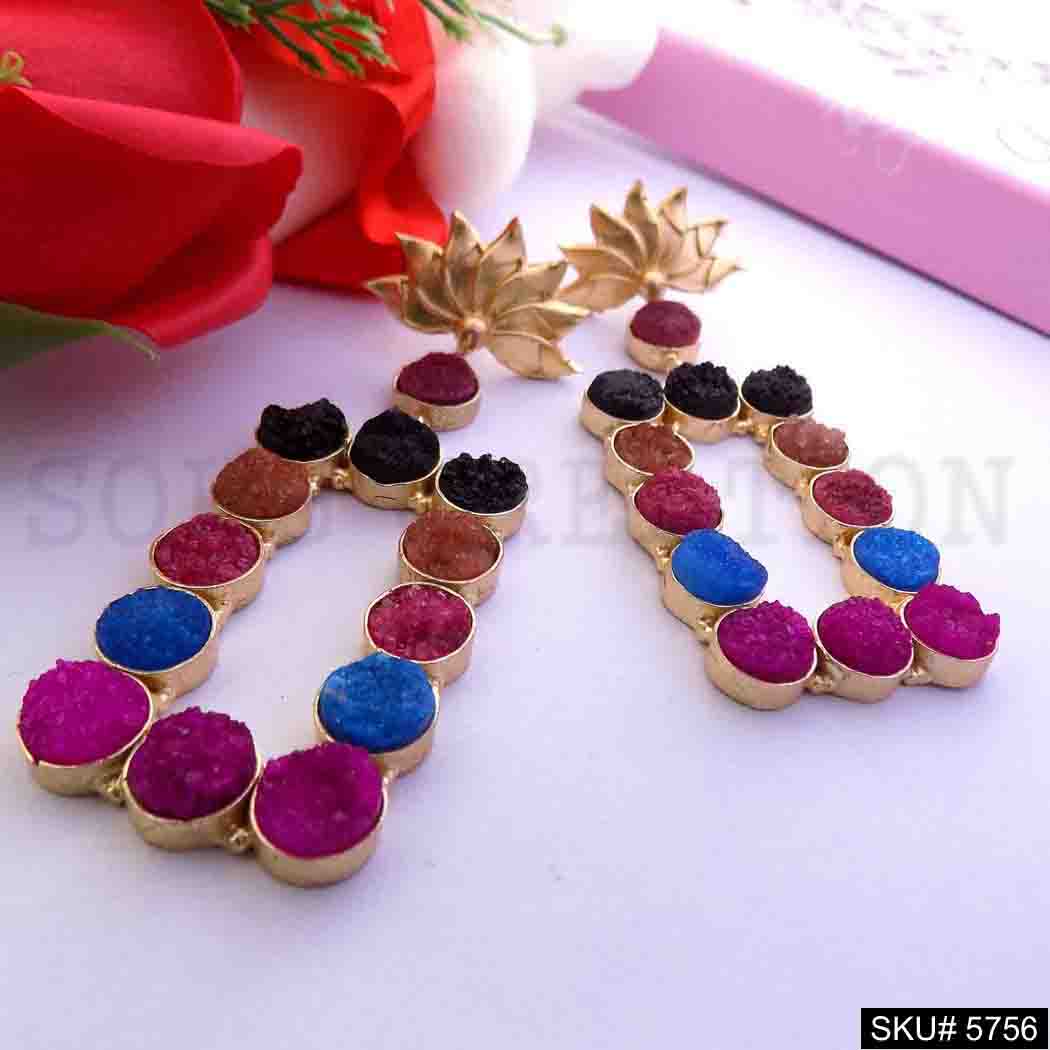Gold plated Designer Multi Color Stone Drop and Dangle Earring SKU5756